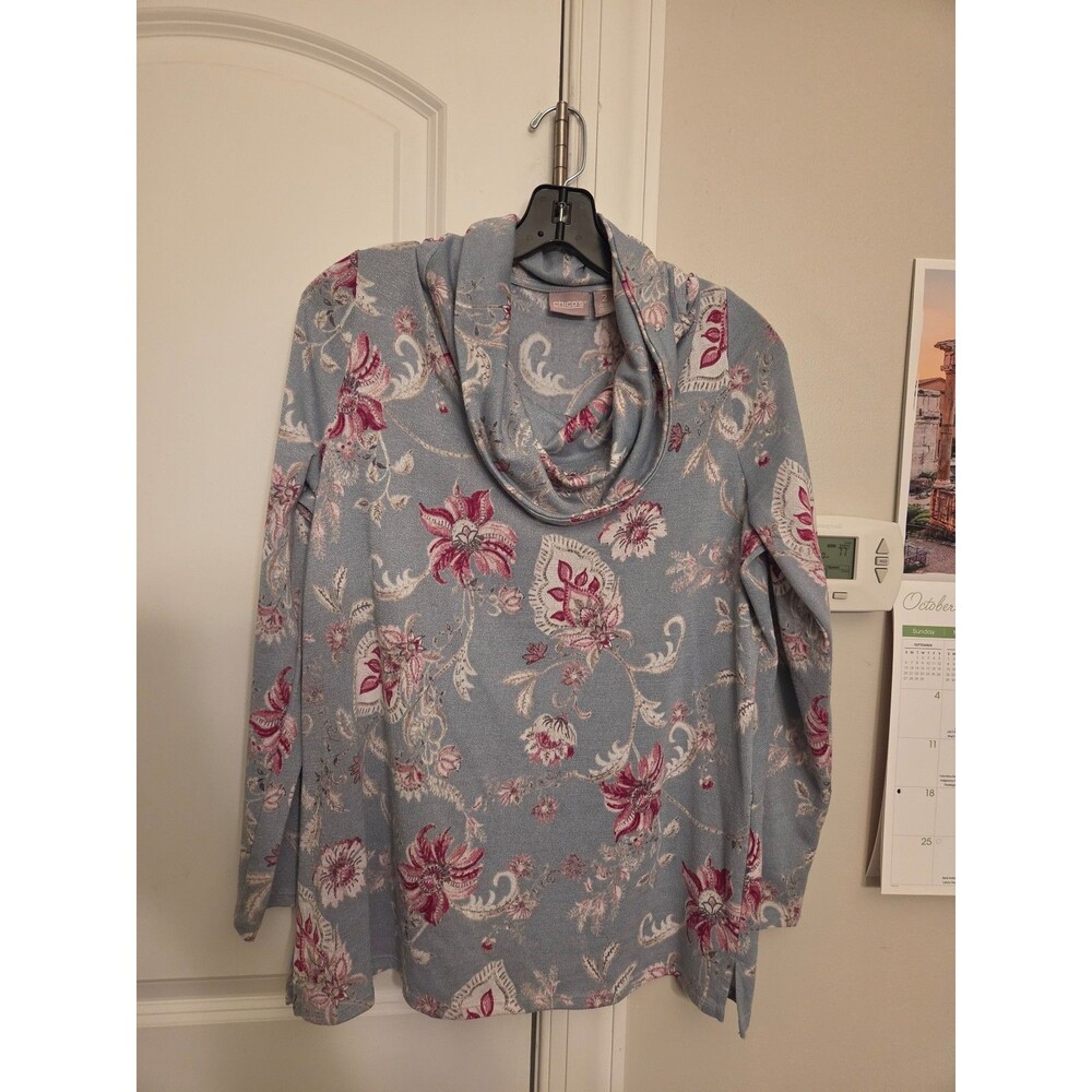 Chico's Blue Floral Cowl Neck Long Sleeve Knit Top Size 2 US 12